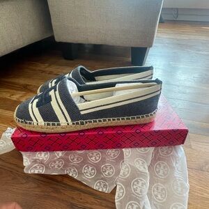 Tory Burch Striped Black and Cream Espadrilles